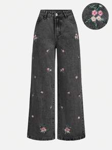 Sweetra 花卉刺繡休閒女款牛仔褲 - 灰色 - 查看 1