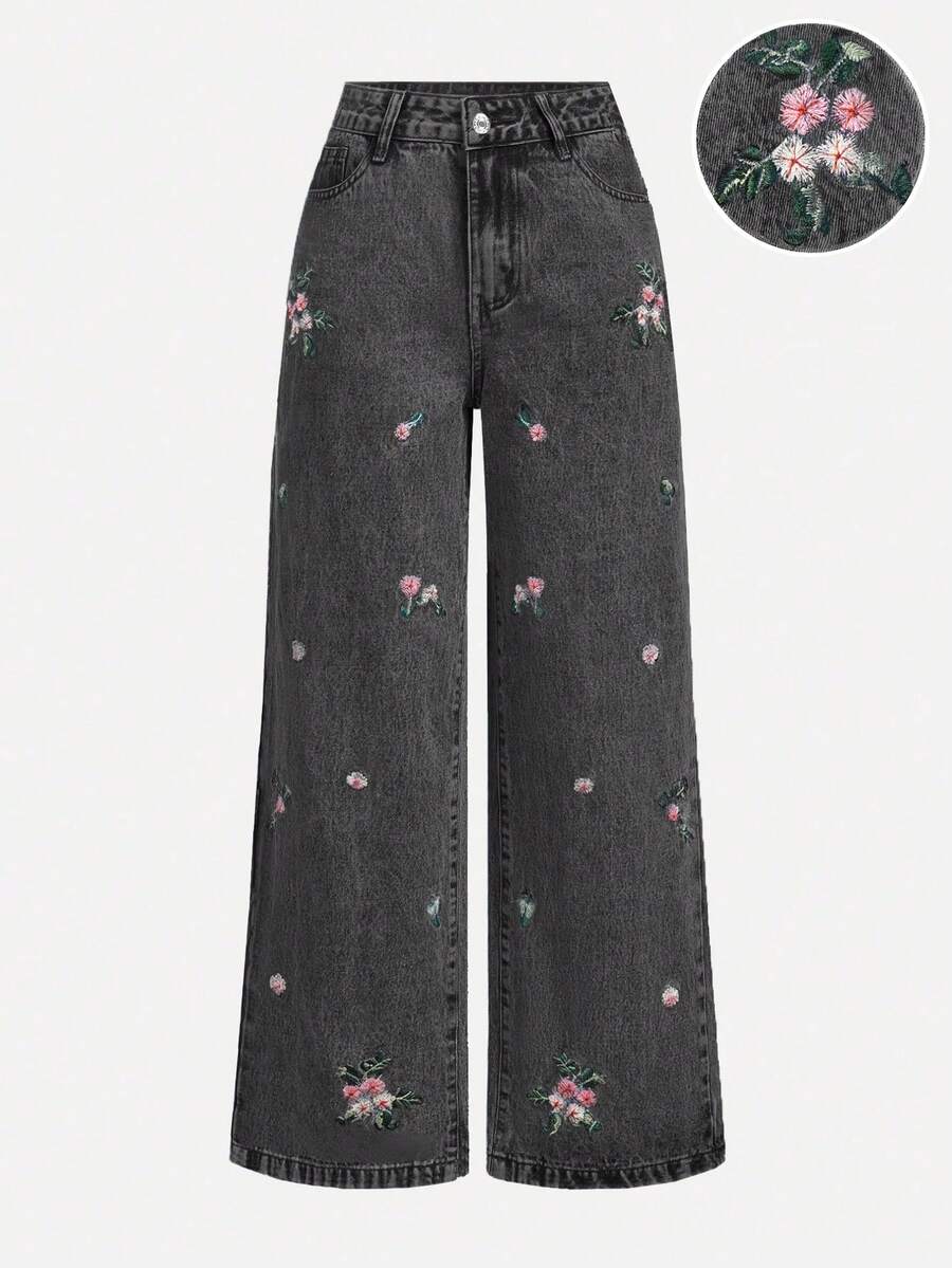 Sweetra 花卉刺繡休閒女款牛仔褲 - 灰色 - 查看 1