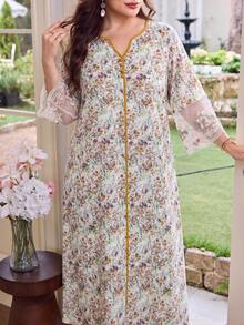Al Najma Plus Size Women's Arabian Dress Loose Fit 3/4 Sleeve With Chiffon Patchwork Cuff, Suitable For Summer Daily Wear - Yellow - View 4
