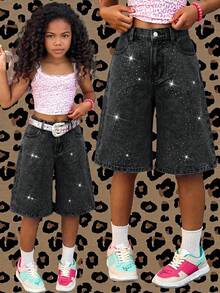 Tween Girl Tween Girl Casual Daily Denim Shorts With Pockets, Buttons And Rhinestones - Black - View 4