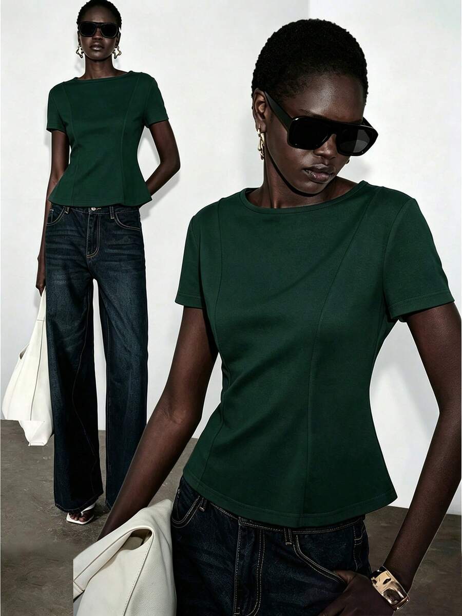 Lumivelle High Elasticity Knitted Fitted Solid Color Crew Neck Short Sleeve Cinched Waist Ruffle Hem A-Line Casual Elegant Commute Minimalist Romantic Spring Summer Women's Regular T-Shirt - Olive Green - View 1