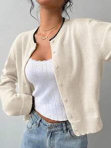 SHEIN BASICS 女款夏季休閒極簡度假風 優雅浪漫復古風 對比色貝殼刺繡領口與袖口開襟衫 通勤 音樂節 海灘 度假 夏季 - 彩色 - 查看 6