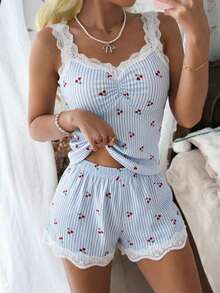 CottageSlumber Women's Romantic Cherry Pattern Lace Decor Pajama Set - Blue - View 1
