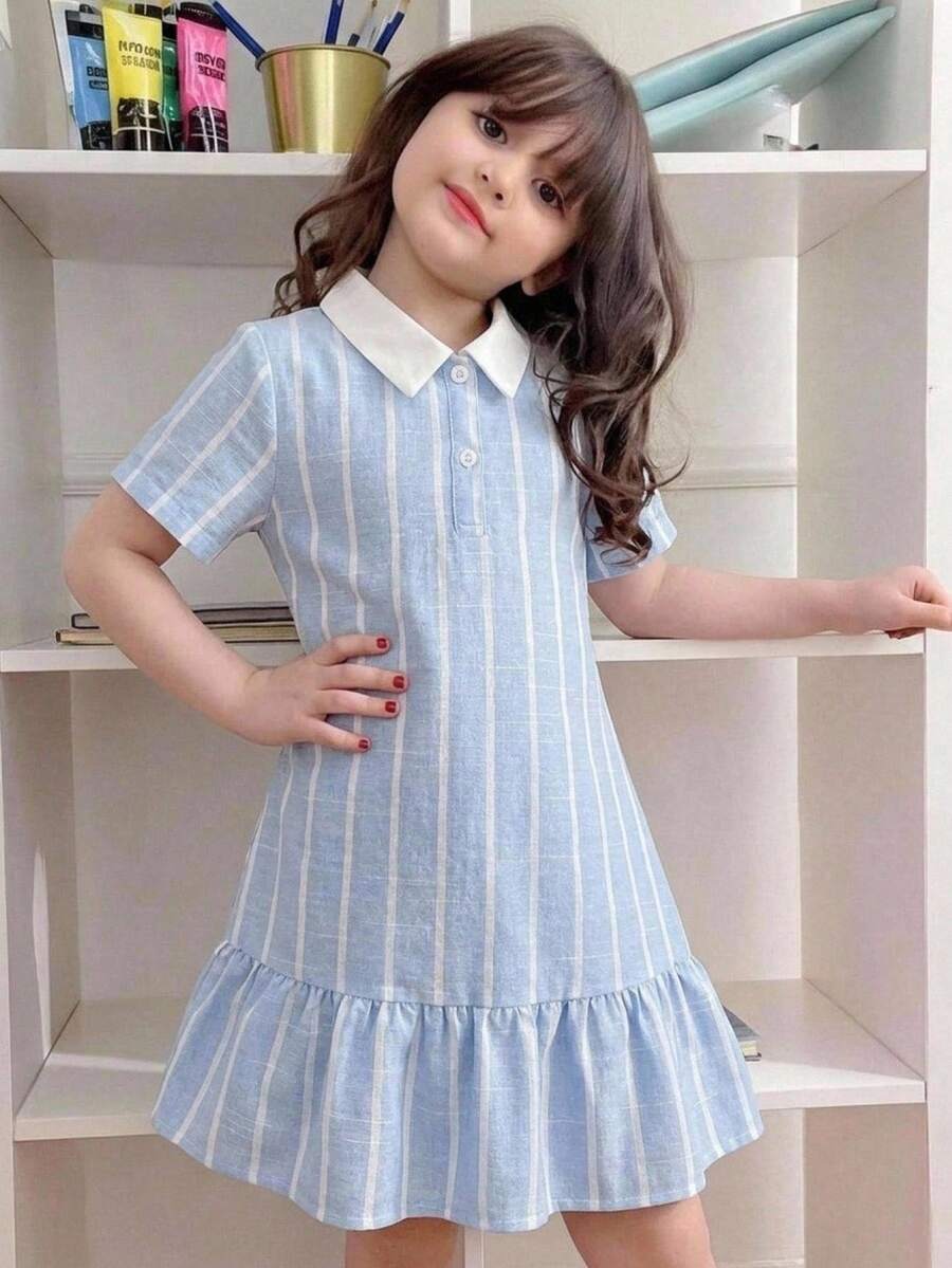 女童小女孩對比色翻領藍白條紋休閒學院風拼接抓皺荷葉邊短袖洋裝 返校 Polo 洋裝 - 藍色 - 查看 1