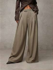 SHEIN BAE Women's Casual Everyday Pleated Wide Leg Pants - Army Green - View 2
