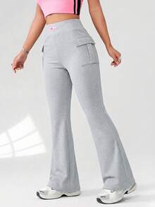 SHEIN EZwear 女士灰色休闲针织喇叭裤 女士休闲裤 女士正装裤 女士长裤 女士毛衣裤 女士阔腿裤 高腰 - 灰色 - 查看 5
