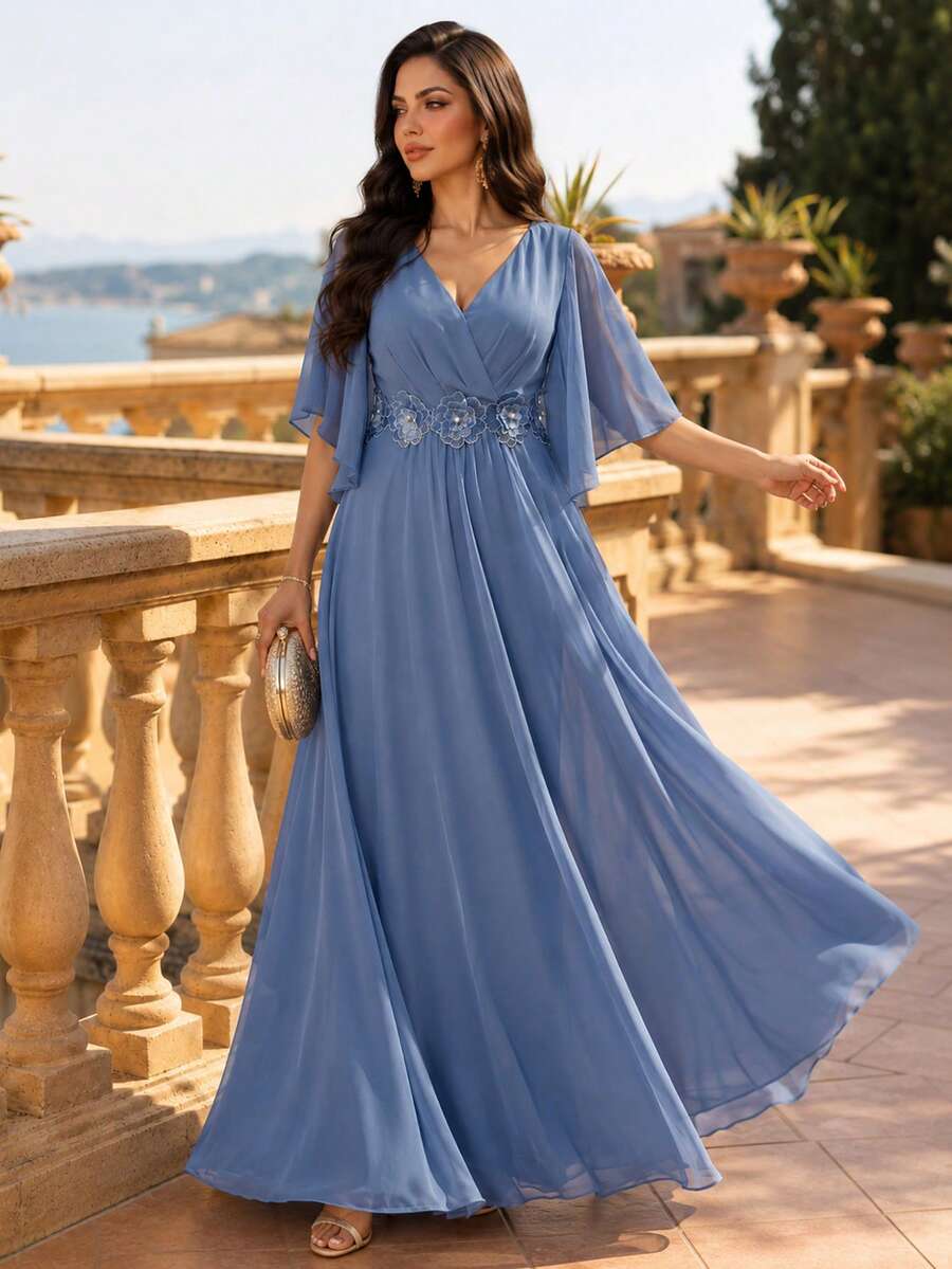 SHEIN Lady CURVE Haze Blue Plus Size Lace 3D Floral Spring/Summer Shiny Curve Dress For Wedding/Evening Party/Formal Banquet/Cocktail/Party/Graduation/Birthday Party And Other Formal Occasions Fashion Collection