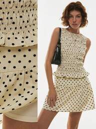 Poéselle Women's 2pcs Retro Black White Polka Dot,Summer,Vintage,Tea Party Smocked Peplum Tank & A-Line Mini Skirt Co-Ord Set,Pleated Sleeveless Top & Skort