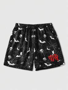 ROMWE MEN Street Life 男士骷髏印花彈性腰休閒短褲 - 黑色 - 查看 1