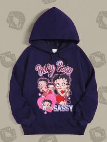 Betty Boop x SHEIN Plus Size Casual Fashionable Versatile Loose Drop Shoulder Drawstring Sweatshirt, Y2K Gradient Cartoon Print, Navy Blue, For Women In Autumn Winter Fall - Blue - View 1