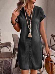 EMERY ROSE EMERY ROSE Vestido de mezclilla casual de verano con botones delanteros para mujer - Negro - Ver 6