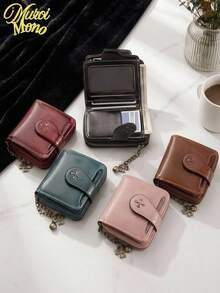 Muroi Mono 1Pc Zipper Coin Purse, Retro Oil-Wax Leather With Clover Chain Charm, Multi Card Slots, Lightweight Storage For Daily Errands. - Multicolor - View 1