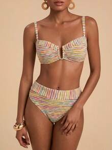 Travachic Women's Summer Beach Colorblock Spaghetti Strap Bikini & Triangle Bottom Two-Piece Swimsuit Set - Multicolor - View 6