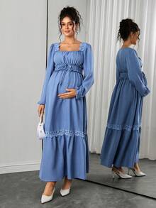 Momance Women's New French Design Ruffle Square Neck Patchwork Elegant Maternity Long Sleeve Dress Autumn Photoshoot Baby Blue - Blue - View 5