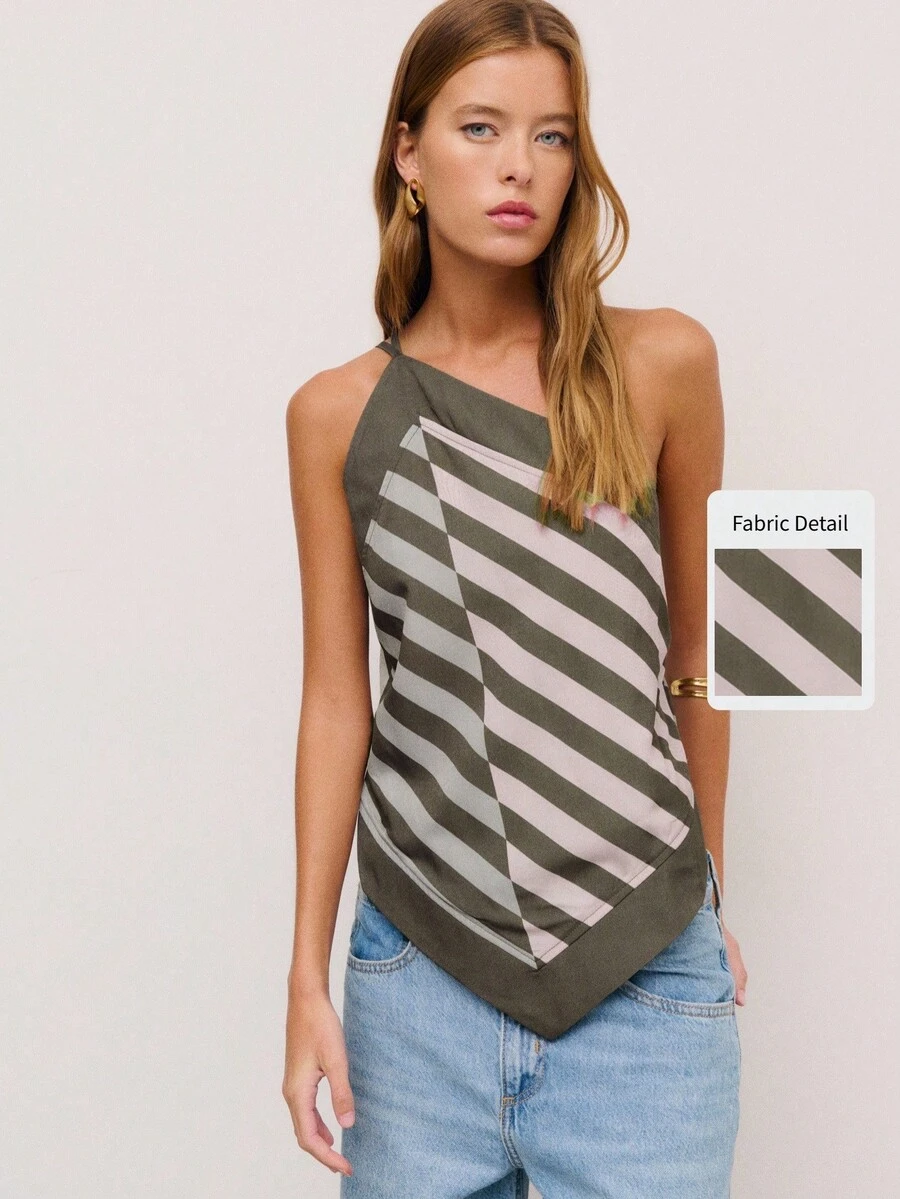 Nöista Striped Halter Top Featuring Adjustable Straps And A Bow Tie Back, Perfect For Summer, Fall, Vacation, Beach And Party Looks, Festival Looks - Olive Green - View 1