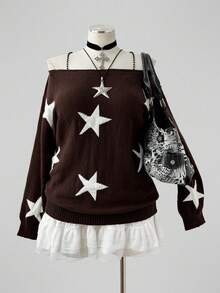 Sunspun Women's Pullover Sweater With Star Pattern, Plus Size, Off-The-Shoulder Neckline Fall - Brown - View 5