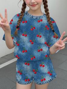Tween女孩休閒可愛趣味紋理波點櫻桃印花，甜美奶油風，花卉田園風，圓領短袖T恤寬鬆短褲兩件套，適合春夏，圖案，舒適，女孩套裝，Y2K，復古，度假 - 彩色 - 查看 2