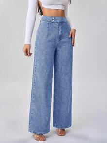 SHEIN ICON 女款鈕扣休閒街頭風百搭牛仔褲，牛仔女郎穿搭，藍色，適合日常穿著、返校、上班辦公、夏季 - 黑色 - 查看 3