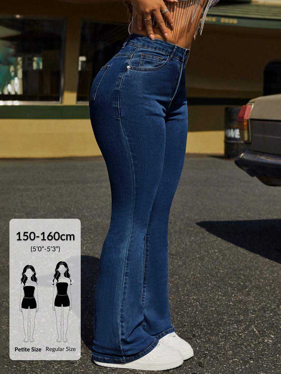 SHEIN PETITE Women's Front Button Pocket Minimalist Style Jeans, Casual Everyday ,Petite Women - Dark Wash - View 1