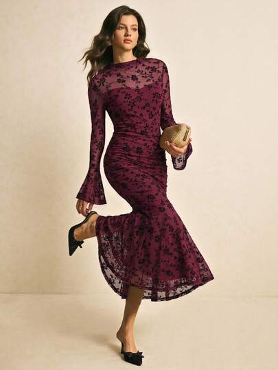 Poéselle Women's Floral Print Pleated Elegant Cinched Waist Party Midi Dress