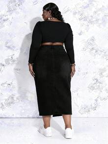 CurvyTilda Plus Size Casual Versatile Asymmetric Pockets Slit Denim Skirt Black - Black - View 3