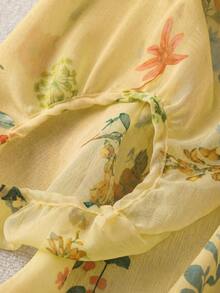 Linhara Blus Wanita Ukuran Besar Model Vintage Leher V Lengan Lentera Longgar Kasual - Kuning - View 4