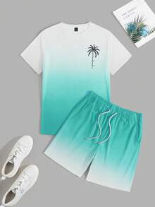 Genlund Setelan Pria 2pcs/Set: Kaos Lengan Pendek Warna Ombre dan Celana Pendek dengan Tali Serut di Pinggang, untuk Liburan - MultiWarna - View 3