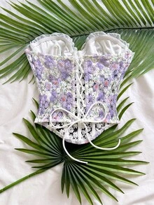 Soleia 女款浪漫度假上衣 春夏款 雛菊刺繡紋理印花 3D花卉裝飾 Bustier 適合休閒約會 情人節 下午茶 公路旅行 城市度假 音樂節 派對 波希米亞嬉皮風 西部風 可內穿外穿 全季日常通勤 - 淡紫色 - 查看 2