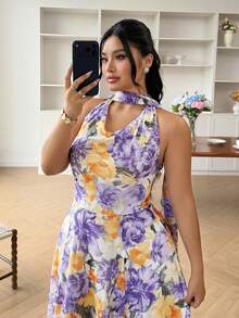 Modelyn Women's Elegant Drape Neck Floral Print Romantic Vacation Style Sleeveless Dress, Summer - Multicolor - View 6