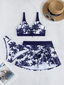 Swim Lushoire 女款夏季海灘棕櫚樹印花休閒比基尼套裝附外罩裙 - 藏蓝色 - 查看 5