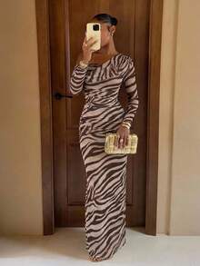 Lumalex Women's Brown Checkered Summer 70s Party Elegant Zebra Print Mesh One Shoulder Ruched Bodycon Maxi Dress,Old Money Slit Long Sleeves Prom Gown - Light Grey - View 2
