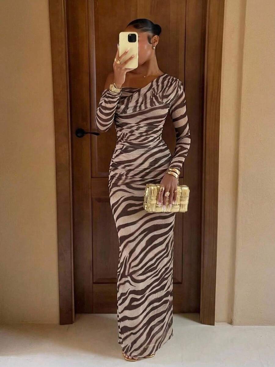 Lumalex Women's Brown Checkered Summer 70s Party Elegant Zebra Print Mesh One Shoulder Ruched Bodycon Maxi Dress,Old Money Slit Long Sleeves Prom Gown