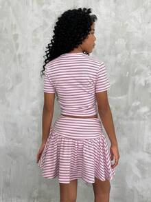 Camiseta de cuello alto fruncido y ajuste ceñido & Falda con volantes en el bajo para niña preadolescente,Vuelta al colegio,Y2K,Streetwear - Rosa - Ver 3