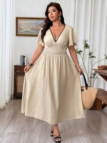 Weeklong Plus Size Women Deep V-Neck Colorblock Pleated Casual Daily Summer Dress Fall - Apricot - View 5