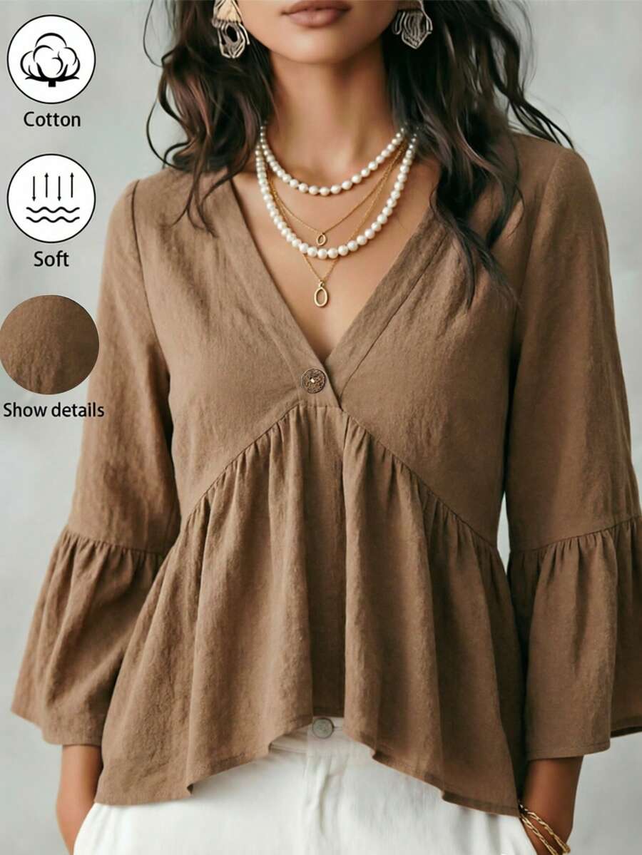SHEIN LUNE 白色V领荷叶袖女士休闲衬衫 - 咖啡棕 - 查看 1