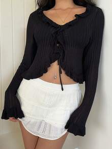 Sunnyshic Thin Sweet Black Frill Trim Women's Cardigan - Black - View 5