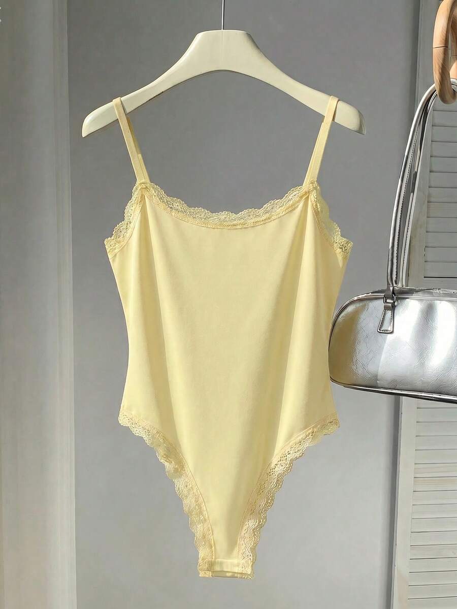 Comfortcana Women's Solid Color Lace Patchwork Elegant Sleeveless Bodysuit For Summer - Mustard Yellow - View 1