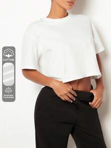 SHEIN BASICS Round Neck Casual Drop Shoulder Solid Crop Tee Women's Crop Top Tops For Women White Tops - White - View 7
