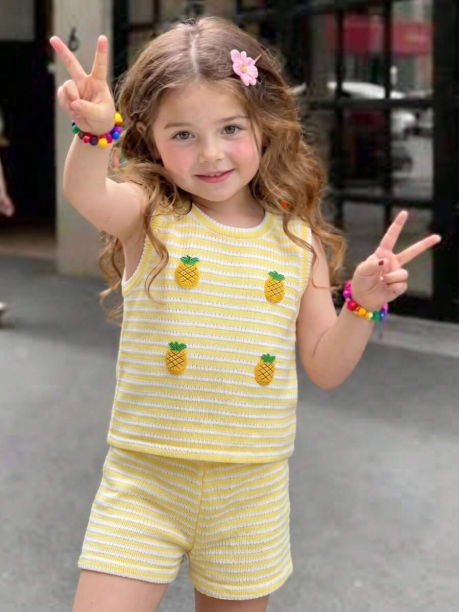 Genkimix Kids 新款 4-7 歲女童熱帶鳳梨刺繡條紋針織背心 & 短褲 2 件組，休閒可愛度假套裝