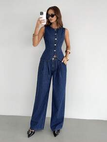 Firerie Women's Striped Fashion Single-Breasted Tank Top And Loose Pocket Jeans Set - Blue - View 6