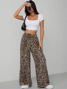 Vivamere Leopard Print Women's Wide Leg Trousers ,Petite Women - Multicolor - View 6