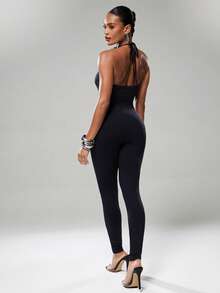 Denimoi Beaded Bodycon Jumpsuit Sexy Jumpsuits GNO Clubwear Concert Outfits Going Out Halter Jumpsuit - Black - View 5