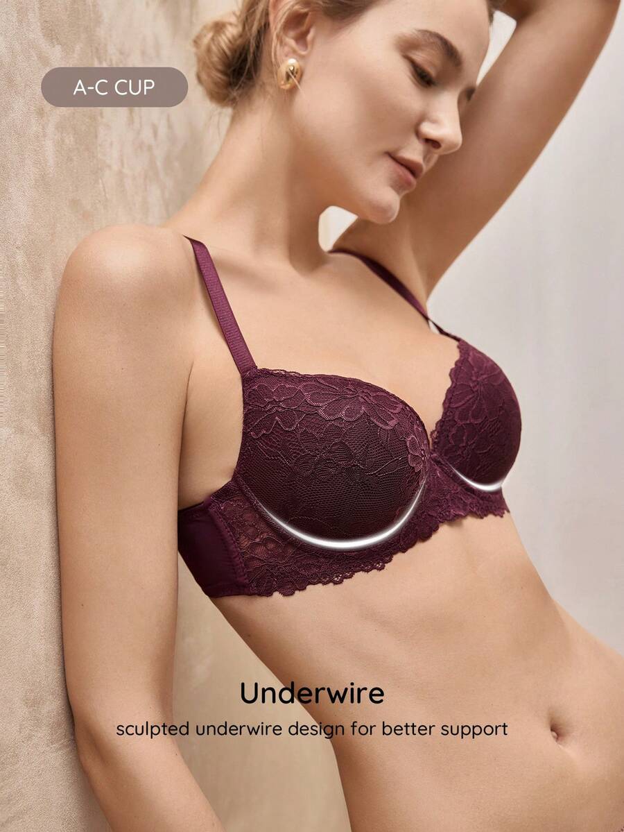 Bralution 1pc Women's Floral Lace Fashion Underwire Bra Lingerie - Purple - View 1
