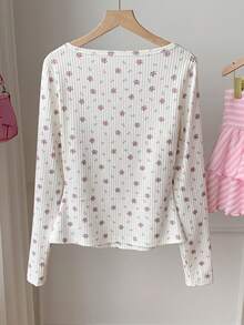 Comfortcana 女款花卉長袖鈕扣設計休閒T恤 - 彩色 - 查看 2