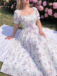 Lyrianda Sweet Romantic Vacation Plus Size Ditsy Floral Short Sleeve Cinched Waist Maxi Dress - Mauve Purple - View 6