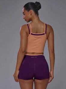 Musera Sport 双层撞色直领拼接修身运动背心吊带衫，单穿上衣，适合健身房、运动、普拉提、跑步等场合，可爱又少女，日常百搭。 - 橘色 - 查看 3