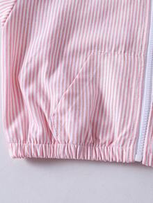 SHEIN 青少年女孩時尚條紋拉鍊長袖口袋連帽外套 - 粉色 - 查看 6