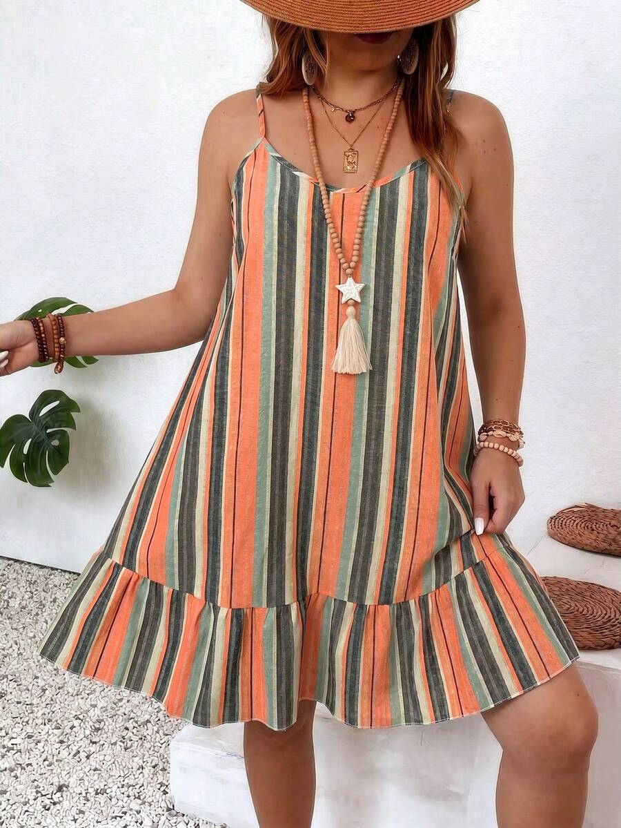 SHEIN Holidaya Plus Size Women's Striped Ruffle Hem Cami Dress For Vacation - Orange - View 1