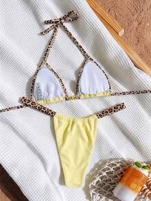 Elavelle Conjunto de bikini halter con estampado aleatorio para mujer, primavera/verano - Multicolor - Ver 3
