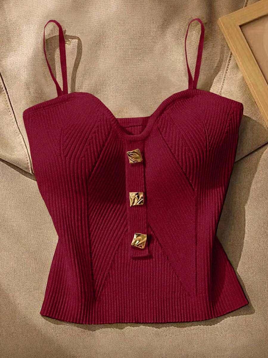 SHEIN Women's Solid Color Metal Decor Fashion Camisole Knit Top - Burgundy - View 1